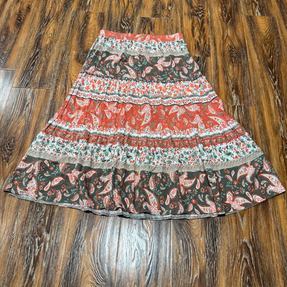 Allison Daley S Tiered Midi Skirt Womens Orange Green Paisley Floral Boho Rayon